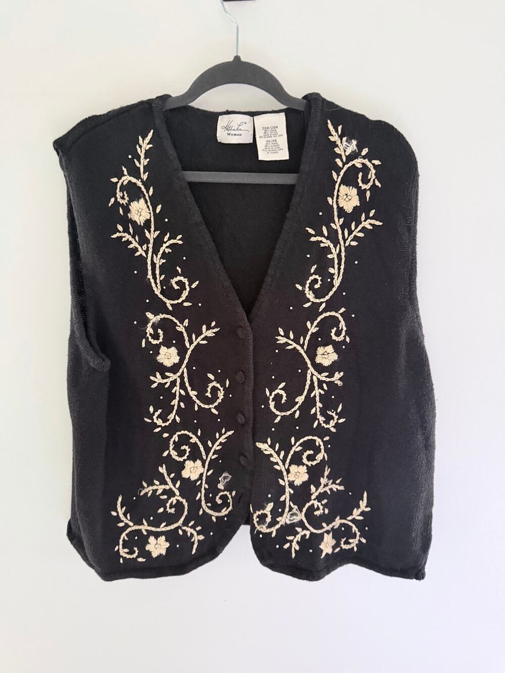 Vintage Kathy Lee Black Knit Floral Embroider whimsy goth 90s Vest-Size 26W/28W